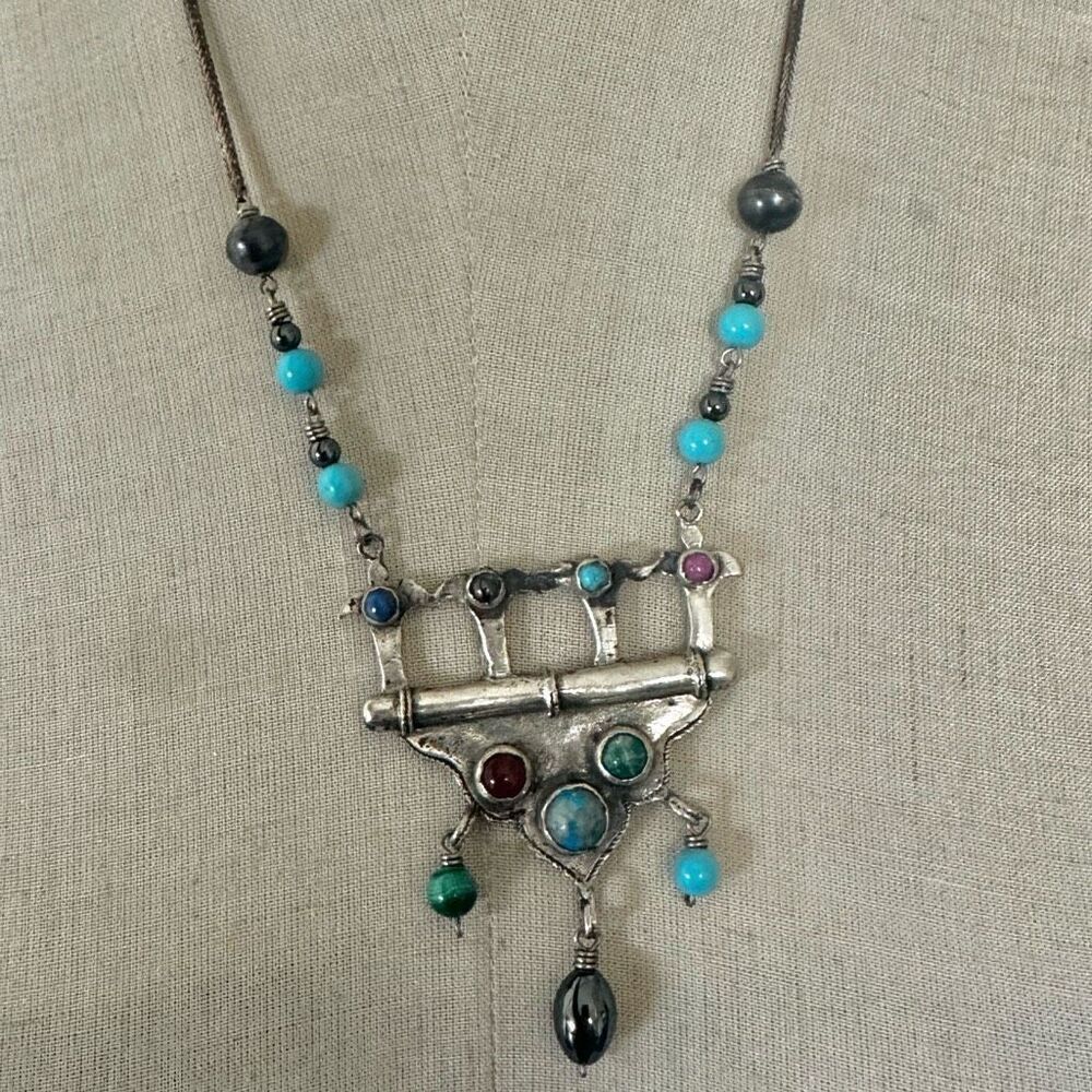 Sterling Silver Tribal Pendant Necklace with Mixed Gemstones - Boho Ethnic Jewel